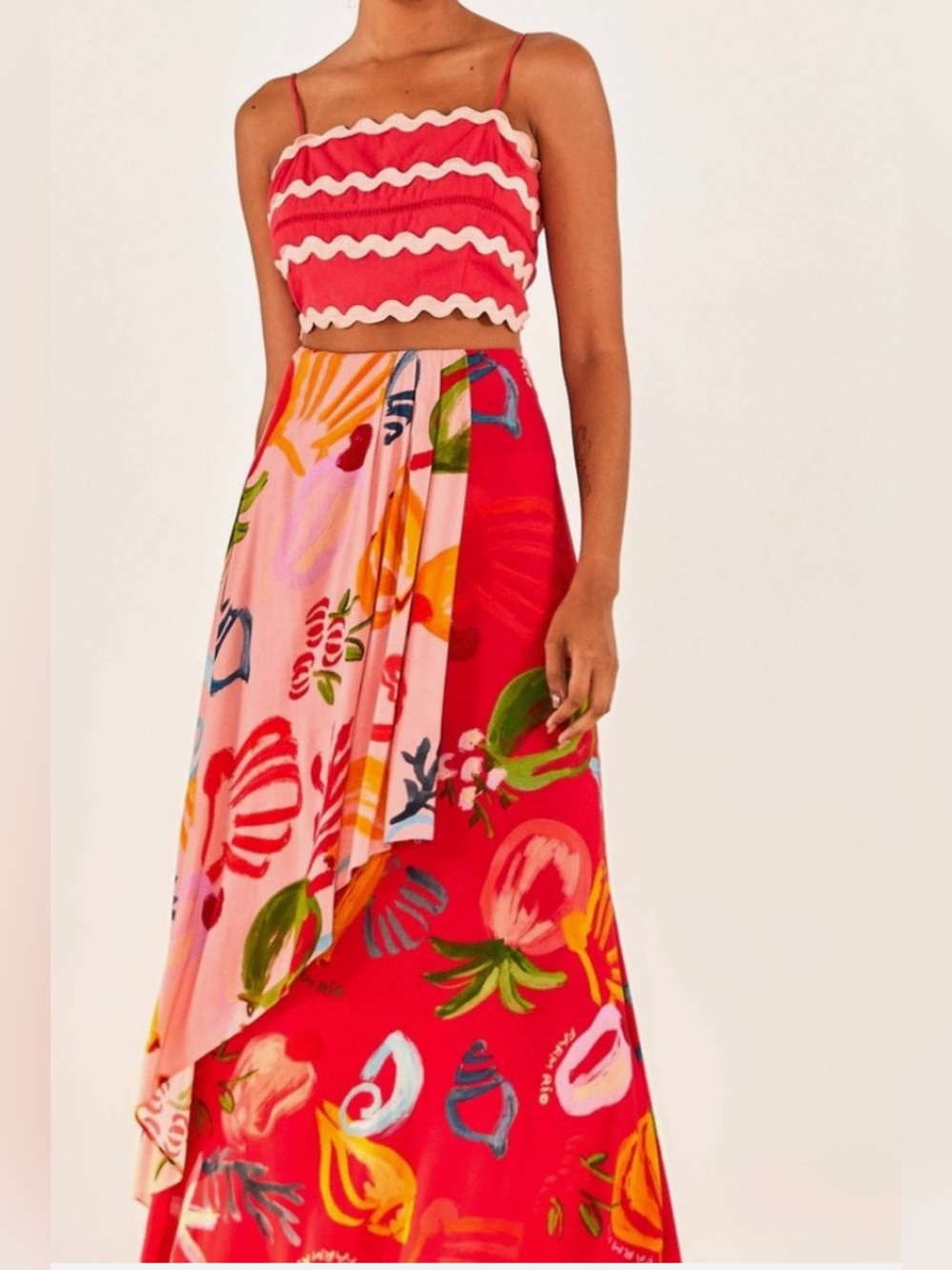 NWT Farm Rio Ocean Mixed Fruit Floral Print Maxi Wrap W Pink Draped Overlay
